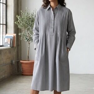 Lorenzini Italy Striped Cotton Pleated Shirt Dress Black White Women Sz US10 M-L